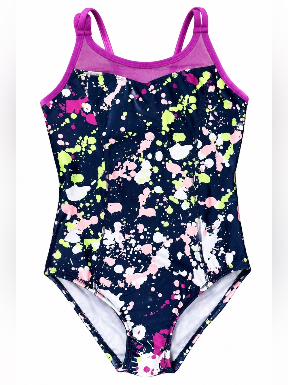 DSG Girls Gymnastics Leotard Size S 8-9 Navy Neon Paint Splatter